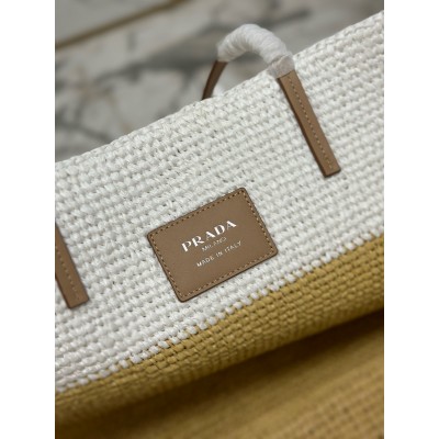 Prada Crochet Large Tote Bag in Beige/White Raffia-effect Yarn