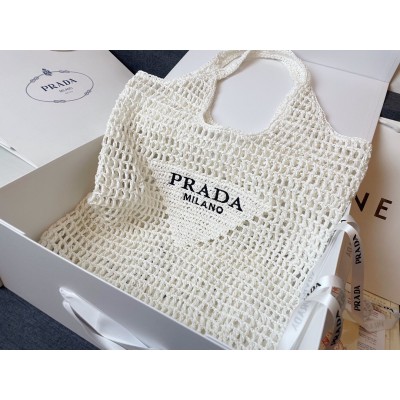 Prada Large Tote Bag In White Woven Raffia