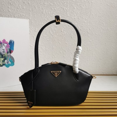 Prada Shoulder Bag with Double Zipper in Black Calfskin