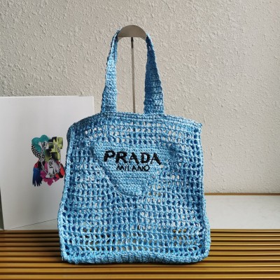 Prada Small Tote Bag In Blue Woven Raffia