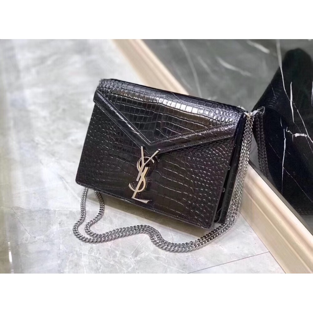 Saint Laurent Cassandra Clasp Bag In Black Croc-Embossed Leather