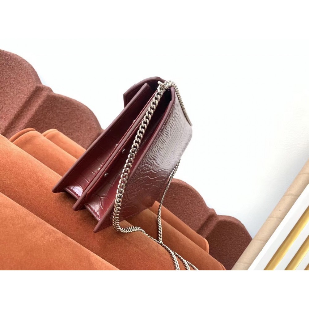 Saint Laurent Cassandra Clasp Bag In Bordeaux Croc-Embossed Leather