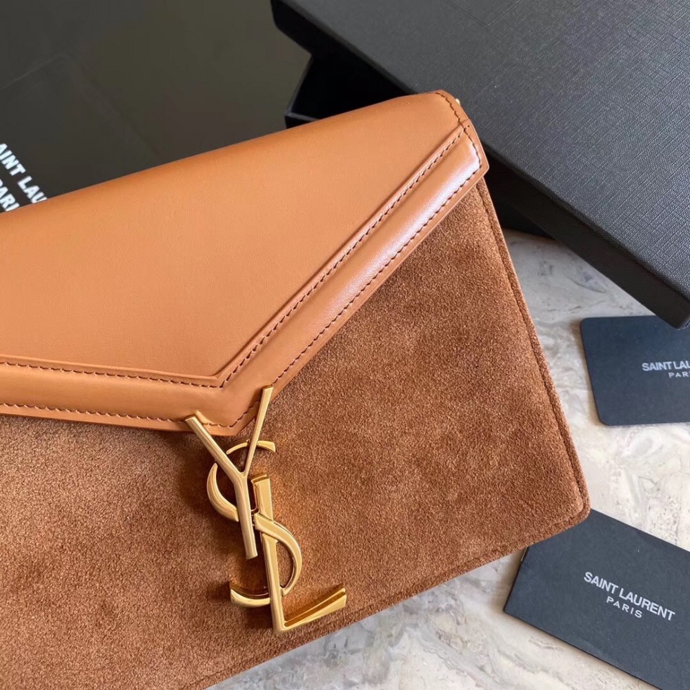 Saint Laurent Cassandra Clasp Bag In Brown Suede