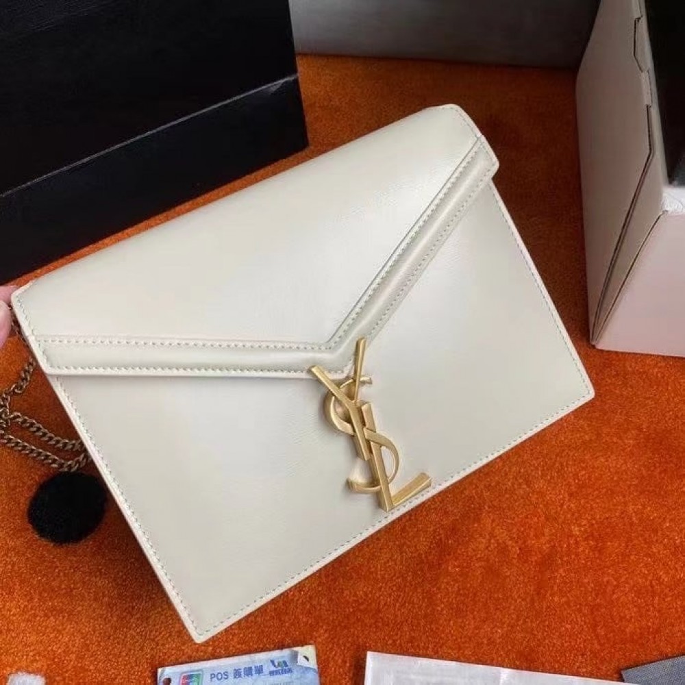 Saint Laurent Cassandra Medium Chain Bag In White Calfskin