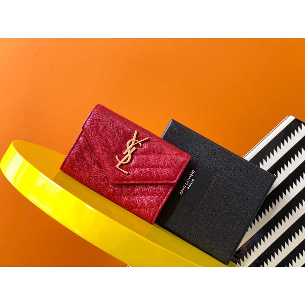 Saint Laurent Cassandre Small Envelope Wallet in Red Matelasse Leather