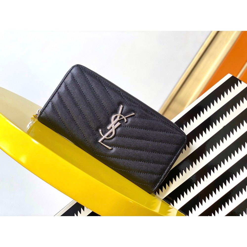 Saint Laurent Cassandre Zip Around Wallet in Noir Matelasse Leather