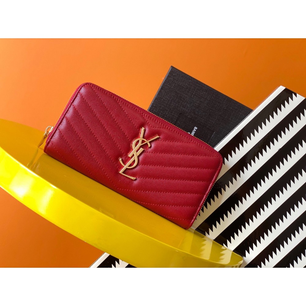 Saint Laurent Cassandre Zip Around Wallet in Red Matelasse Leather