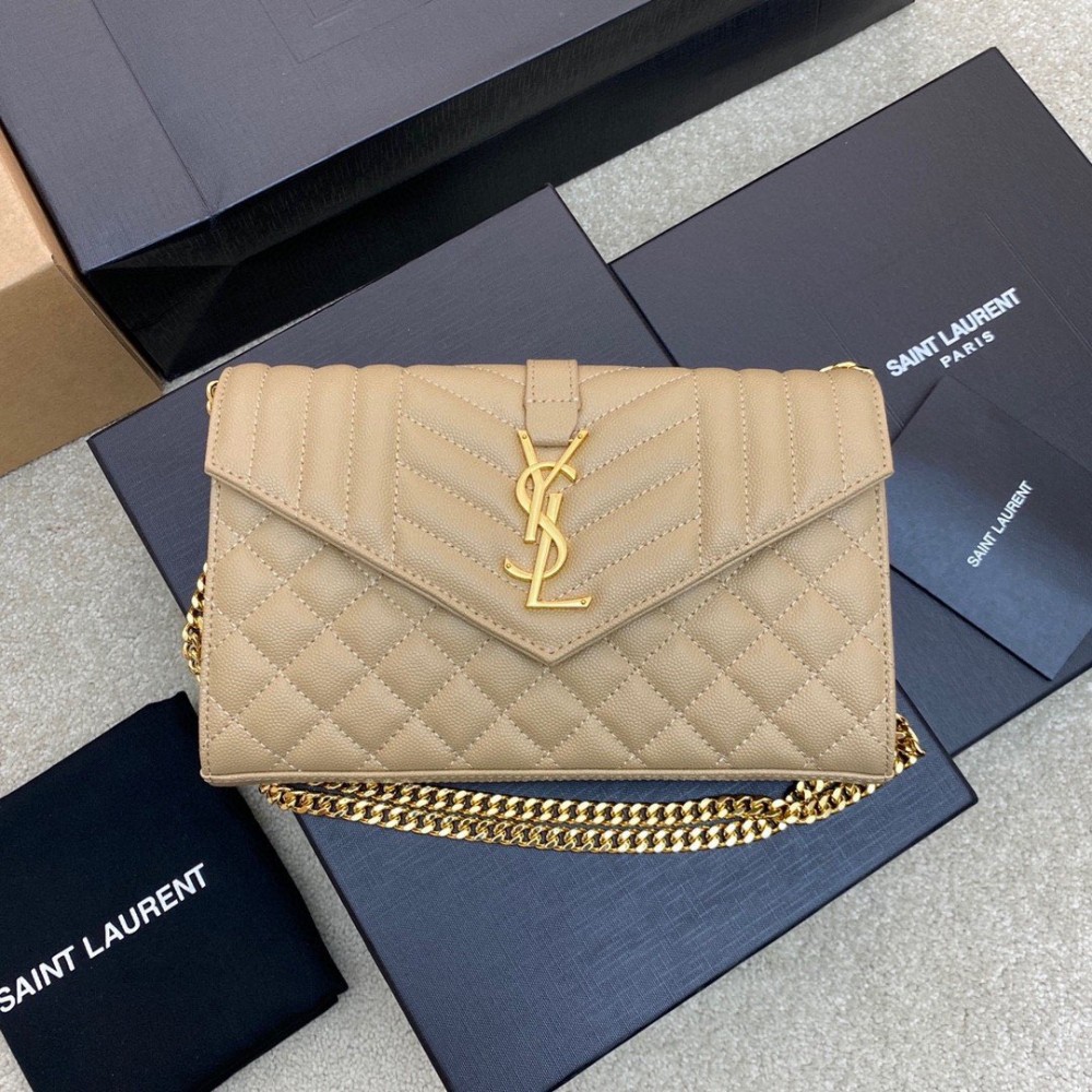 Saint Laurent Envelope Chain Wallet in Beige Grained Leather