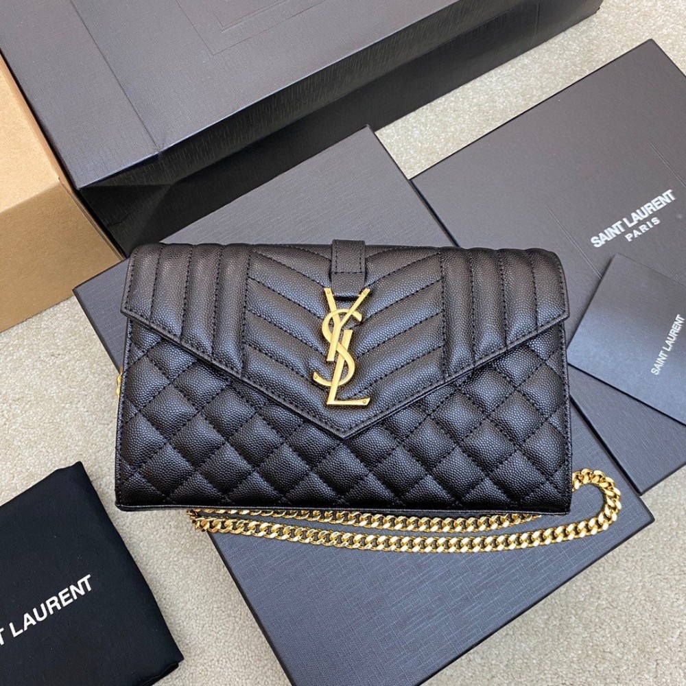 Saint Laurent Envelope Chain Wallet in Black Grained Leather