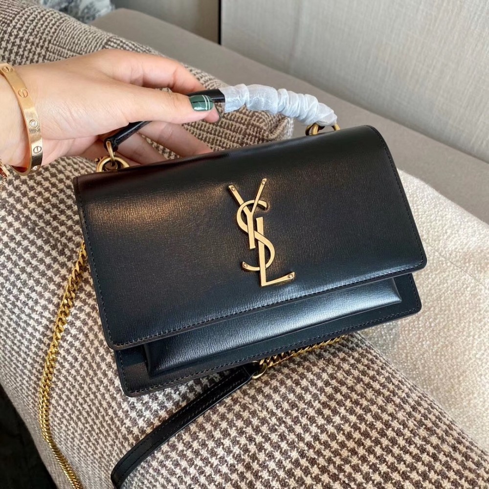 Saint Laurent WOC Sunset Chain Wallet In Black Calfskin