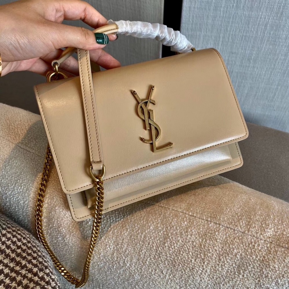 Saint Laurent WOC Sunset Chain Wallet In Taupe Calfskin