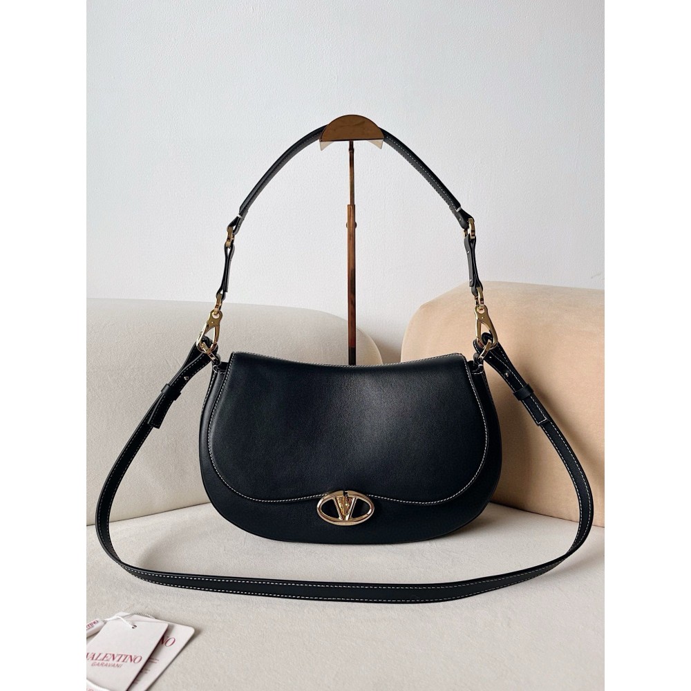 Valentino Garavani Ohval Medium Shoulder Bag in Black Calfskin