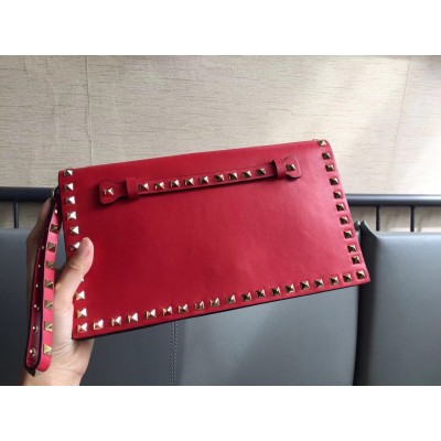 Valentino Rockstud Medium Clutch In Red Calfskin