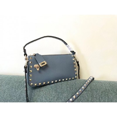 Valentino Rockstud Small Crossbody Bag In Blue Grained Calfskin