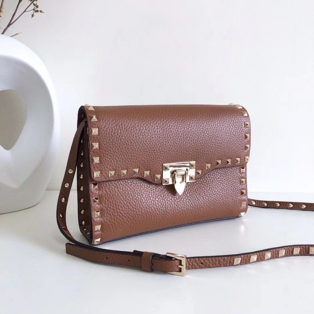 Valentino Rockstud Small Crossbody Bag In Brown Grained Leather