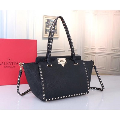 Valentino Small Rockstud Tote In Black Grain Calfskin